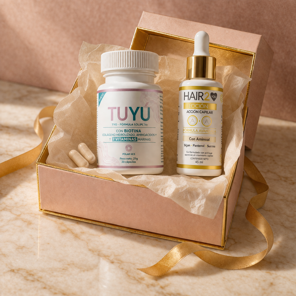 Kit Tuyu con vitaminas y loción capilar en empaque de regalo
